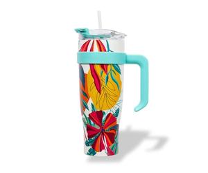 PRO DISTRI Mug Tropical Isotherme avec Paille et Poignée Ergonomique | Gourde bleue XXL en Inox pour conserver vos boissons au chaud ou au frais | Idéal pour le Bureau ou le Sport
