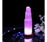Pro Home Lampe de table en forme de tour de montagne en cristal de sélénite à changement de couleur USB LED Base en bois Lampe de table pour guérison Décoration Cadeau (20 cm)