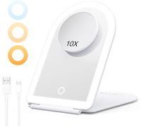 Pro Lighted Makeup Mirror With 3 Colour Temperatures, 10x Magnification And Usb-C Charging, Portable Makeup Mirror With 1500mah Battery, 3 Hour Battery Life - White