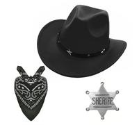 Pro-Noke Ensemble d'accessoires de cowboy - Chapeau de cowboy clouté étoilé, badge de shérif argenté - 3 pièces d'accessoires de déguisement de cowboy Ranger Shérif (noir)