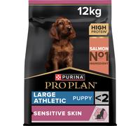 Purina PRO PLAN | Chiot de morphotype Athlétique | Peau Sensible | Aliment Sec pour Peaux Sensibles | Formulé sans Blé | Favorise Un Pelage Sain et Brillant | Riche en Saumon | Sac | 12 Kg