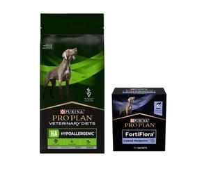 PRO PLAN Veterinary Diets HA Croquettes pour chiens hypoallergéniques 11kg + PRO PLAN FortiFlora Supplément probiotique pour chiens 30x1g