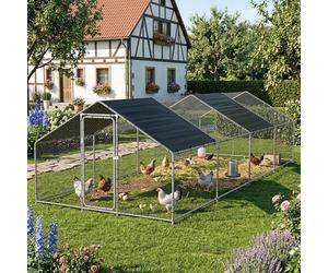 pro.tec Enclos Extérieur Wels pour Poules Canards Petits Animaux Lapins avec Toit Pare-Soleil et Porte en Acier Structure Robuste pour Jardin 8 x 3 x 2 m Argent Vert Foncé