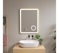 pro.tec Miroir LED pour Salle de Bain Miroir Mural avec Interrupteur Tactile Anti-buée Loupe 3X Affichage Horloge Température Aluminium Verre 80 x 60 cm Or
