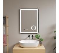 pro.tec Miroir LED pour Salle de Bain Miroir Mural avec Interrupteur Tactile Anti-buée Loupe 3X Affichage Horloge Température Aluminium Verre 80 x 60 cm Noir