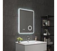 pro.tec Miroir LED pour Salle de Bain Miroir Mural Lumineux avec Interrupteur Tactile Anti-buée Loupe 3X Horloge Température Aluminium Verre 5 mm 70 x 50 cm Blanc