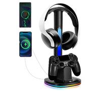 Proaustin Chargeur de manette PS4 avec support de casque RVB, station d'accueil avec 2 ports de charge USB, support de casque pour station de charge PlayStation 4, noir