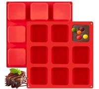 Proaustin Lot de 2 moules à brownie carrés en silicone à 9 cavités antiadhésifs, moules à chocolats pour brownies, pain de maïs, muffins et gâteaux, sans BPA et passent au lave-vaisselle, rouge