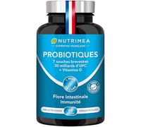 Probiotique Flore Intestinale | 30 à 60 Milliards d'UFC | Aide la Digestion | Complexe de 7 Souches Brevetées de Ferments Lactiques | Avec Vitamine D | 60 Gélules Vegan | Nutrimea | Fabriqué en France