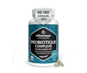 Probiotique Flore Intestinale - 50 milliards UFC, 20 Souches avec Zinc et Inuline (3 Mois) - 1 Capsule par Jour Végane et Gastro-résistante pour Digestion et Immunité - Qualité Européenne Vitamaze®