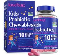 Probiotique Lovebug pour enfants | Multi-souche 10 milliards d'UFC | Constipation et inconfort gastrique | Sans sucre | 4 ans et plus | Arôme naturel de baies | 30 comprimés à mâcher