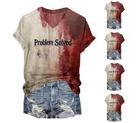 Problem Solved Chemise sanglante pour femme Costumes d'Halloween effrayants Don't Be Scared T-shirt à manches courtes et col en V Tenues d'Halloween amusantes, Rouge #2., S