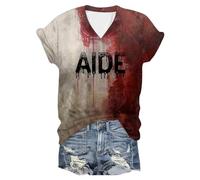 Problème Résolu Costume Halloween Femme Grande Taille, Tee Shirt Femme Col V Manches Courtes Horreur Sang Coupe Slim Haut Chic Décontracté Confortable Bloody Top Polyvalent Carnaval Blood Streetwear