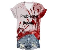 Problème Résolu T Shirt Femme Bloody Horror Halloween Tee Shirt Col V à Manches Courtes Sanglant T-Shirts Halloween Déguisement Femme Grande Taille Ample Horreur Hauts