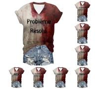 Problème Résolu T Shirt Femme Col V Deguisement Halloween Bloody Horror Tee Shirts Blood à Manches Courtes T-Shirts Vampire Déguisement Costume Zombie Probleme Resolu Tshirt Sang