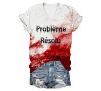 Problème Résolu T Shirt Femme Col V Deguisement Halloween Bloody Horror Tee Shirts Blood à Manches Courtes T-Shirts Vampire Déguisement Costume Zombie Probleme Resolu Tshirt Sang