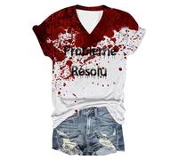 Problème Résolu T Shirt Femme Col V Deguisement Halloween Femme Bloody Horror Tee Shirt Halloween Femmes Blood à Manches Courtes T-Shirts Vampire Déguisement Costume Zombie Probleme Resolu Tshirt Sang