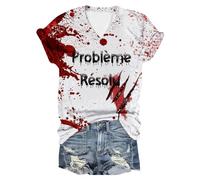 Problème Résolu T Shirt Femme Col V Deguisement Halloween Femme Bloody Horror Tee Shirt Halloween Femmes Blood à Manches Courtes T-Shirts Vampire Déguisement Costume Zombie Probleme Resolu Tshirt Sang