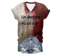 Problème Résolu T Shirt Femme Col V Deguisement Halloween Femme Bloody Horror Tee Shirt Halloween Femmes Blood à Manches Courtes T-Shirts Vampire Déguisement Costume Zombie Probleme Resolu Tshirt Sang