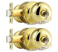 Probrico Lot de 2 serrures de porte intérieure dorée avec boule ronde, bouton de porte extérieure en laiton poli pour porte d'entrée à clés identiques avec bouton et même clé