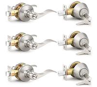 Probrico Lot de 3 leviers de porte d'entrée avec pêne dormant double cylindre, poignée de porte ondulée réversible en nickel satiné avec serrure et clés, toutes clés identiques