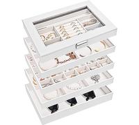 Procase 5 Plateaux Bijoux avec Vitrine contre la Poussière, Rangement Bijoux Tiroir, Boîte Bijoux pour Boucles d'Oreille Bagues Bracelets Colliers Autre Accessoires -Blanc