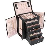 Procase Boîte à Bijoux 6 Compartiments, Coffret à Bijoux Cuir Gainé, Sans Perdre ou Abîmer les Bijoux, Cadeau Noël Anniversaire Fête de Mère-Noir
