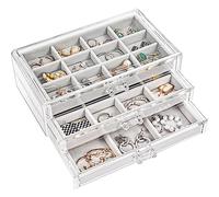 ProCase Boîte à Bijoux Transparente, 3 Plateaux Bijoux Tiroir, avec Séparateurs Amovibles, Rangement Bijoux Tiroir Acrylique, Range Boucles d’Oreille Bagues Colliers Bracelets - Gris