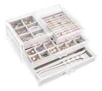 Procase Boîte à Bijoux Transparente Améliorée, Rangement Bijoux Acrylique 3 Niveaux, 4 Plateaux Bijoux Tiroir, Range Boucles d’Oreille Bagues Colliers Bracelets -Grande, Gris