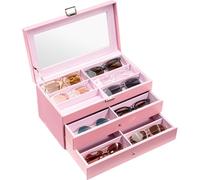 Procase Boîte à Lunettes, Ranger 18 Lunettes de Soleil ou Lunettes de Vue, 3 Compartiments avec Vitrine Couverture en Verre Antichoc, sans Perdre ou Abîmer -Rose