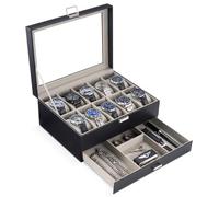 ProCase Boite a Montre à 2 Niveaux, 10 Emplacements avec Coussins pour Montres, 2ème Compartiment pour des Petits Bijoux Accessoire, avec Couvercle en Verre -Noir