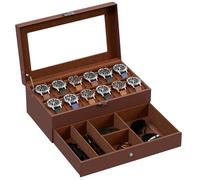 ProCase Boite a Montre à 2 Niveaux, 12 Emplacements avec Coussins pour Montres, 2ème Compartiment pour des Petits Bijoux Accessoire, avec Couvercle en Verre -Marron