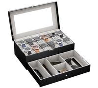 ProCase Boite a Montre à 2 Niveaux, 12 Emplacements avec Coussins pour Montres, 2ème Compartiment pour des Petits Bijoux Accessoire, avec Couvercle en Verre -Noir