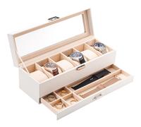 ProCase Boite a Montre à 2 Niveaux, 6 Emplacements avec Coussins pour Montres, 2ème Compartiment pour des Petits Bijoux Accessoire, avec Couvercle en Verre -Blanc