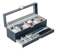 ProCase Boite a Montre à 2 Niveaux, 6 Emplacements avec Coussins pour Montres, 2ème Compartiment pour des Petits Bijoux Accessoire, avec Couvercle en Verre -Bleu