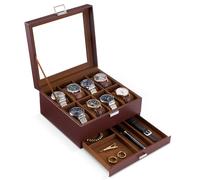 ProCase Boite a Montre à 2 Niveaux, 8 Emplacements avec Coussins pour Montres, 2ème Compartiment pour des Petits Bijoux Accessoire, avec Couvercle en Verre -Marron