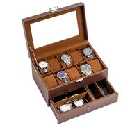 ProCase Boîte à Montres à 2 Couches avec Couvercle en Verre, 10 Compartiments et 1 Tiroir pour Montres, Bagues, Bracelets - Marron