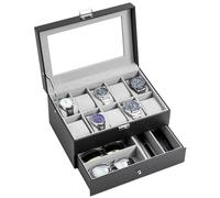 ProCase Boîte à Montres à 2 Couches avec Couvercle en Verre, 10 Compartiments et 1 Tiroir pour Montres, Bagues, Bracelets - Noir