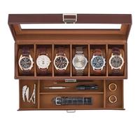 ProCase Boîte à Montres à 2 Niveaux avec Couvercle Transparent, 6 Compartiments et 1 Tiroir, Coffret de Rangement pour Montres, Bagues, Bracelets -Marron