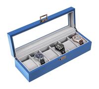 ProCase Boîte à montres en bois pour homme - Présentoir à 6 emplacements avec couvercle en verre, support de rangement en bois pour montres pour hommes - Bleu roi