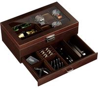 Procase Boite Bijoux Homme À 2 Niveaux Luxueuse, 1ème Compartiment Pour Range 6 Montres 3 Lunettes De Soleil, 2ème Compartiment Pour De Petits Bijoux Objets, Avec Couvercle En Verre -Noir