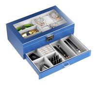 Procase Boite Bijoux Homme à 2 niveaux Luxueuse, 1ème Compartiment pour Range 6 Montres 3 Lunettes de Soleil, 2ème Compartiment pour de Petits Bijoux Objets, avec Couvercle en Verre -Bleu