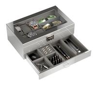 Procase Boite Bijoux Homme à 2 niveaux Luxueuse, 1ème Compartiment pour Range 6 Montres 3 Lunettes de Soleil, 2ème Compartiment pour de Petits Bijoux Objets, avec Couvercle en Verre -Gris