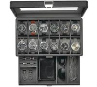 ProCase Boîte Montre avec 12 Emplacements 1 Tiroir, Coffret Montre à 2 Niveaux, Range Montre en PU Cuir -Noir