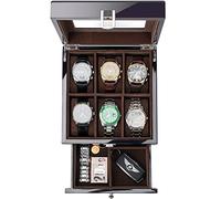 ProCase Boite Montre Luxueuse à 2 Niveaux, 1ème Compartiment pour Range 6 Montres, 2ème Compartiment pour de Petits Objets, avec Couvercle en Verre -Noir