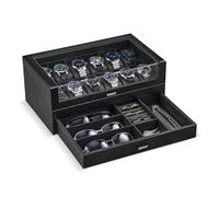 ProCase Coffret Montre Homme en Bois, Boîte à Montre 12 Emplacements avec Couvercle Transparent et Tiroir de Rangement -Noir