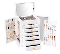 Procase Grande Boîte à Bijoux en Bois 7 Compartiments, Rangement Bijoux avec Miroir, Coffret Bijoux pour Boucle d’Oreille Collier Bague -Blanc