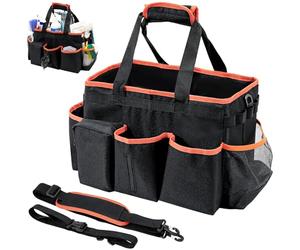 ProCase Panier de Ménage avec Poignées et Bandoulière, Sac de Nettoyage Pliable, Sac de Rangement Produit de Ménage avec 5 Compartiments -Noir