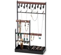 ProCase Porte Bijoux Présentoir à Bijoux en Metal et Bois Durable avec Plateau et Crochets, Organisateur de Bijoux -Noir, Large