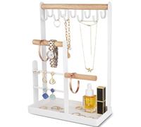 ProCase Porte Bijoux Présentoir à Bijoux en Metal et Bois Durable avec Plateau et Crochets, Organisateur de Bijoux -Blanc